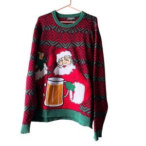 33 Degrees Santa Holding A Beer Christmas Ugly Knit Sweater Men Sz XXL Red Green